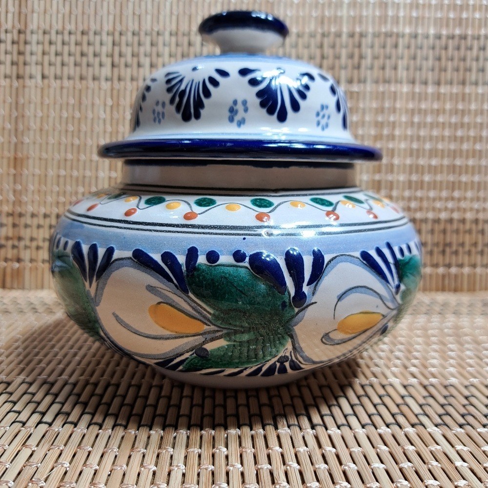 Talavera Mexican Sugar Bowl/Ginger Jar Large Hand Painted Blue,Green,Yellow